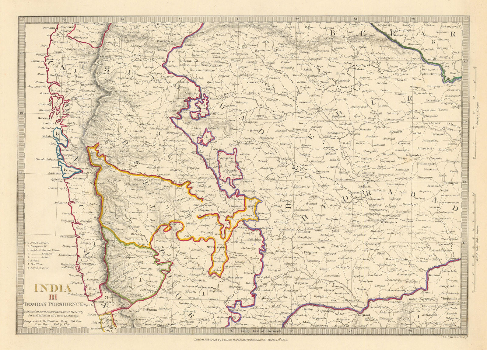 BOMBAY (MUMBAI) PRESIDENCY AND HYDERABAD. Aurangabad; Bijapur. SDUK 1844 map
